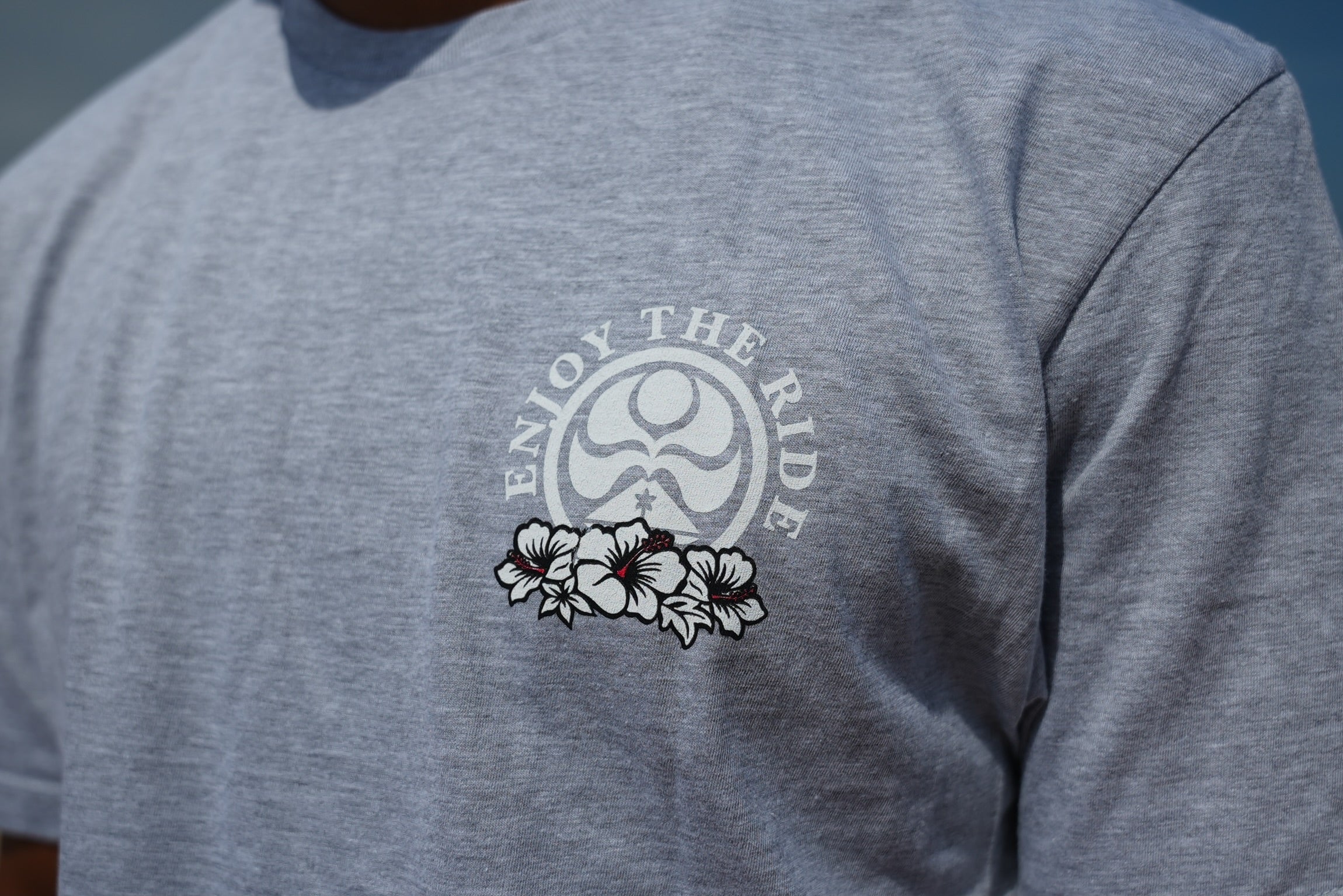 HIC ENJOY THE RIDE Banner Day T-Shirt featuring a colorful graphic design and casual fit, worn by a model.
