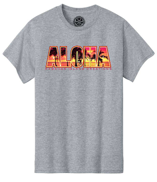 HIC Enjoy the Ride Aloha Sunset T-shirt in grey heather, front view with graphic design