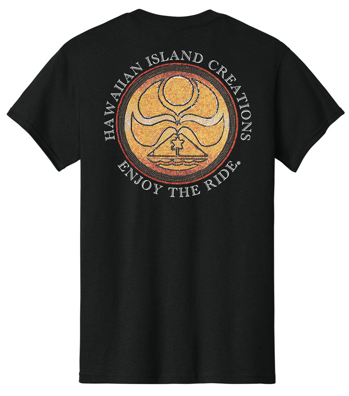 Black T-shirt featuring The Ancient Dot design by HIC ENJOY THE RIDE, shown from the back with a detailed graphic print.