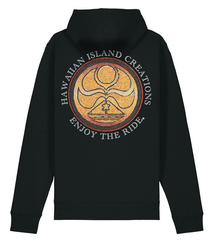Back view of HIC ENJOY THE RIDE The Ancient Dot black pullover hoodie with a graphic design on the back.