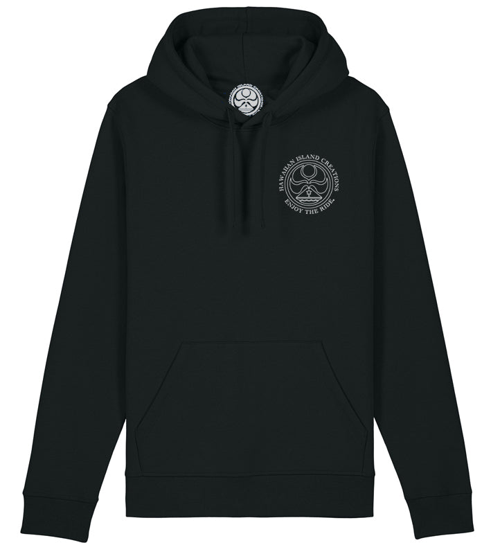 Black The Ancient Dot Pullover Hoodie by HIC ENJOY THE RIDE, front view showing the minimalist design and comfortable fit.