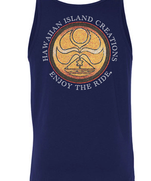 Navy The Ancient Dot Tank Top by HIC ENJOY THE RIDE shown from the back, featuring a relaxed fit and vintage-inspired design.