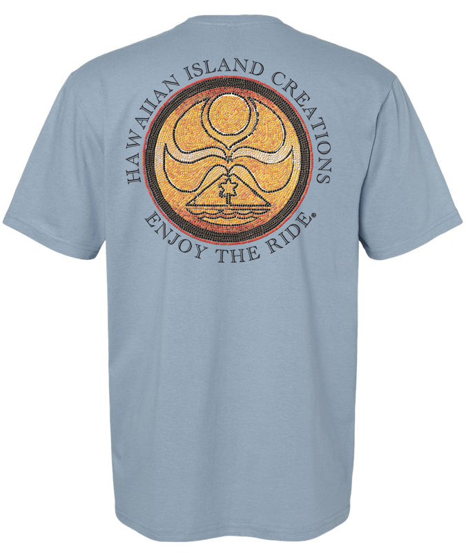 Ancient Dot T-Shirt by HIC ENJOY THE RIDE featuring a stone blue color and a detailed ancient dot design on the back.