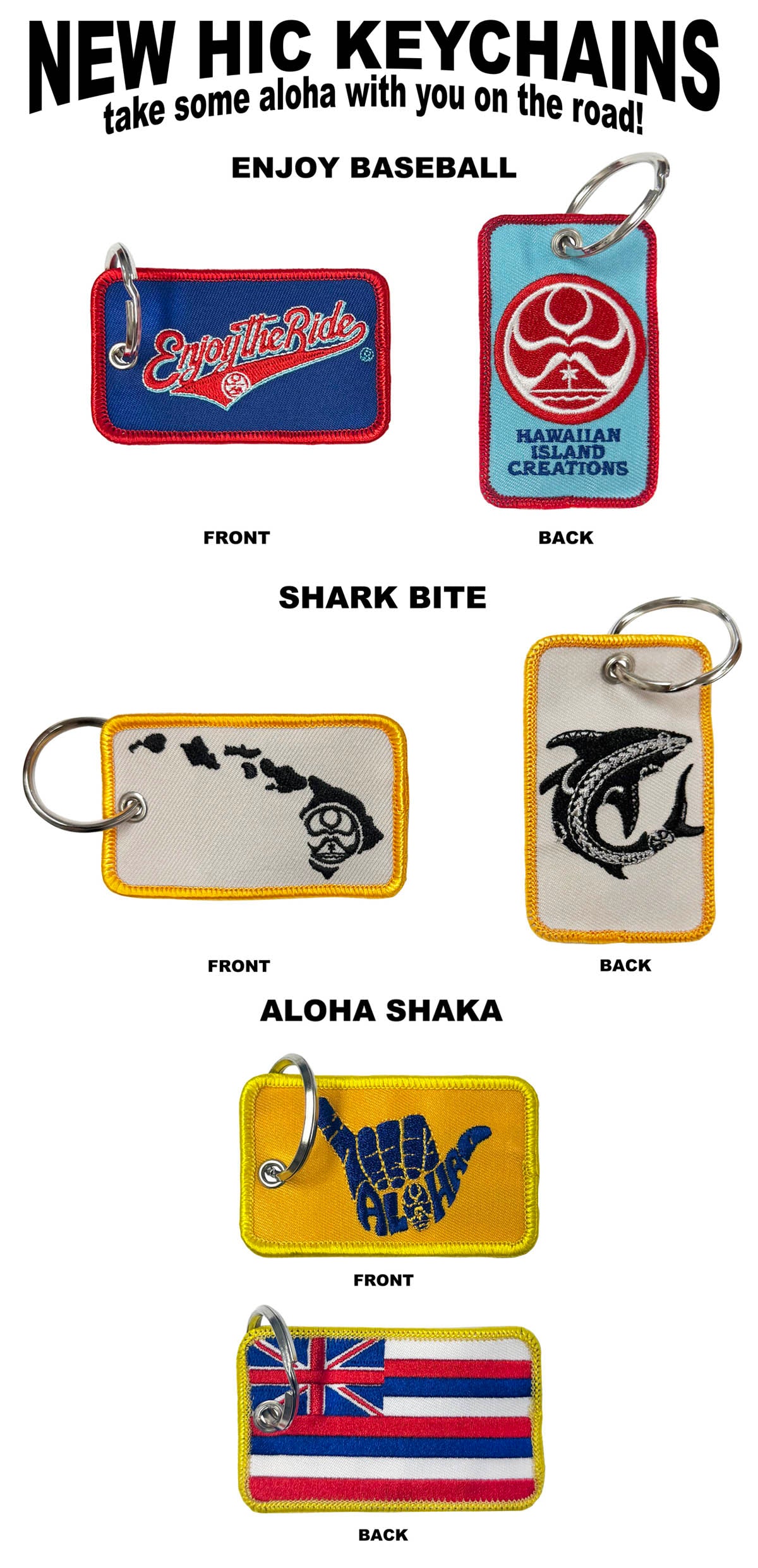 HIC ENJOY THE RIDE 2-sided embroidered keychains displayed in a colorful banner image