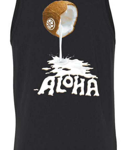 Black Coconut Aloha Tank Top by HIC ENJOY THE RIDE, back view showing tropical coconut graphic and comfortable fit.