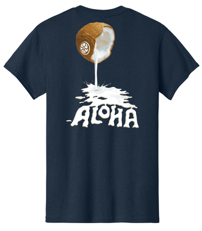 Navy Coconut Aloha T-Shirt by HIC ENJOY THE RIDE showing the back design with coconut graphic and tropical theme