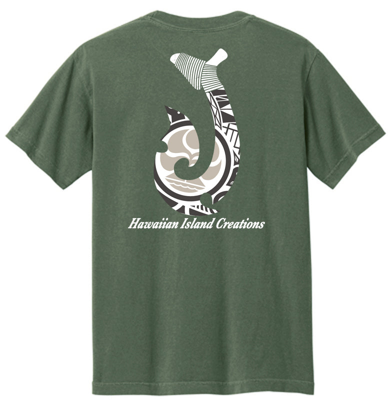 HIC Enjoy the Ride Kailua Hook T-Shirt in military style, back view showing the Kailua graphic design on the fabric.