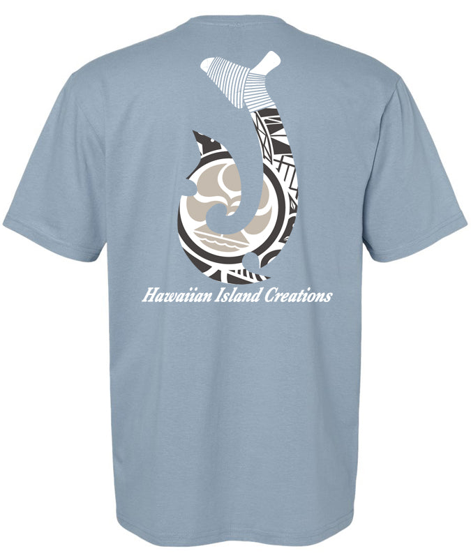 HIC ENJOY THE RIDE Kailua Hook T-Shirt in stone blue, showing the back view with Kailua graphic design on the fabric.