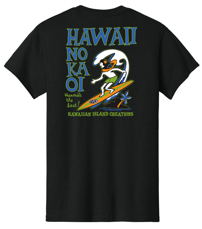 Black No ka Oi T-Shirt by HIC ENJOY THE RIDE displayed from the back, showcasing the simple design and logo on the upper back.