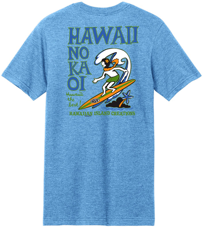 Back view of No ka Oi T-Shirt by HIC ENJOY THE RIDE, featuring a Heather Sapphire color and casual fit.