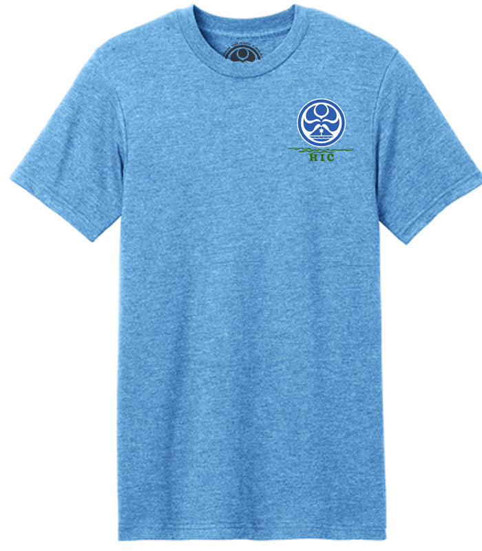 No ka Oi T-Shirt by HIC ENJOY THE RIDE featuring a front view with a heather sapphire color and printed design.