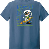 Indigo blue No ka Oi T-Shirt by HIC ENJOY THE RIDE, showing the back design with bold text and relaxed fit fabric.