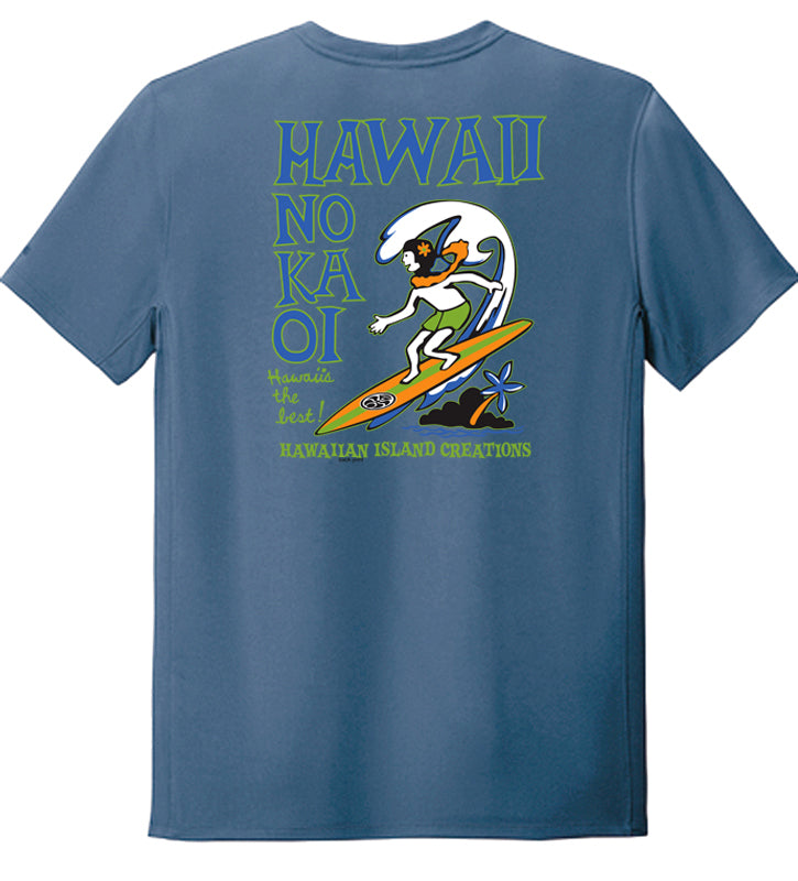Indigo blue No ka Oi T-Shirt by HIC ENJOY THE RIDE, showing the back design with bold text and relaxed fit fabric.