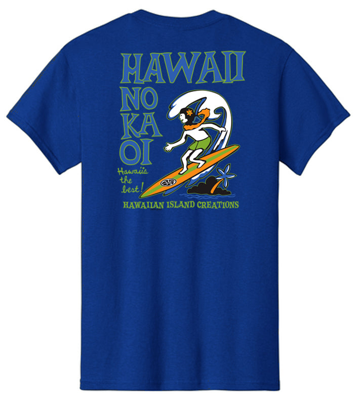 Royal blue No ka Oi T-shirt by HIC ENJOY THE RIDE, showing the back with printed design and casual fit.