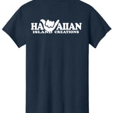 HIC ENJOY THE RIDE Shaka Hawaiian T-Shirt in navy, back view with tropical graphic print