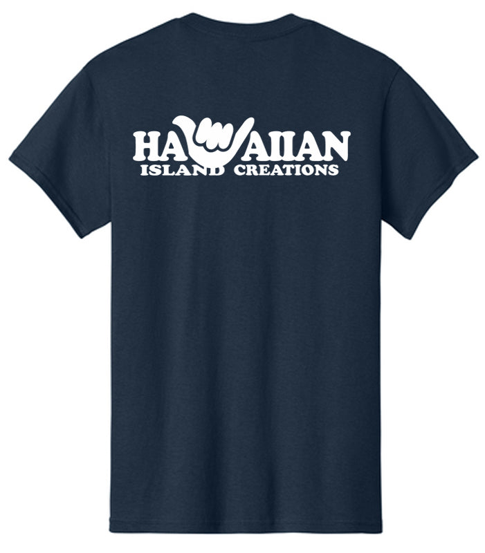 HIC ENJOY THE RIDE Shaka Hawaiian T-Shirt in navy, back view with tropical graphic print