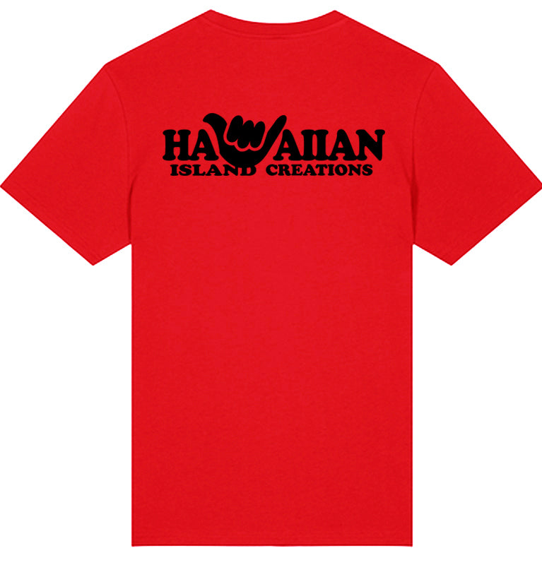 HIC Enjoy the Ride Shaka Hawaiian T-Shirt in red, back view with graphic design