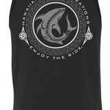Black Shark Bite Tank Top by HIC ENJOY THE RIDE, shown from the back, featuring a shark graphic design on lightweight fabric.