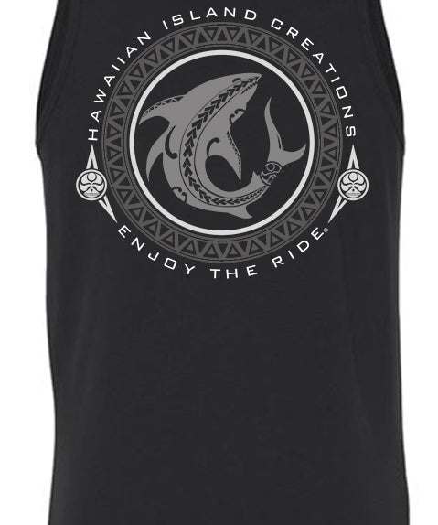 Black Shark Bite Tank Top by HIC ENJOY THE RIDE, shown from the back, featuring a shark graphic design on lightweight fabric.