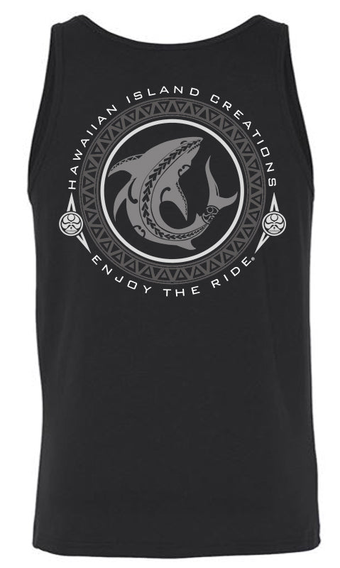 Black Shark Bite Tank Top by HIC ENJOY THE RIDE, shown from the back, featuring a shark graphic design on lightweight fabric.