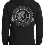 Back view of HIC ENJOY THE RIDE Shark Bite Zip Hoodie in black, showcasing the shark graphic design on the back.