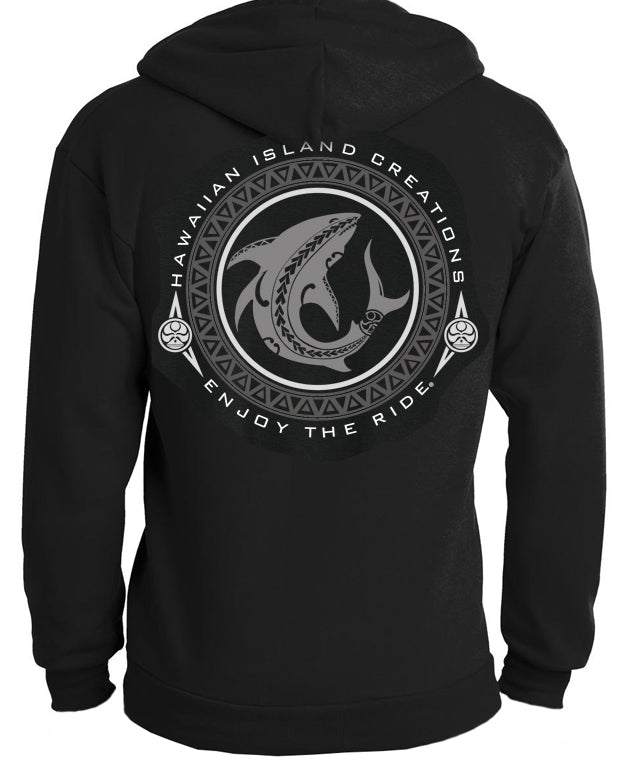 Back view of HIC ENJOY THE RIDE Shark Bite Zip Hoodie in black, showcasing the shark graphic design on the back.