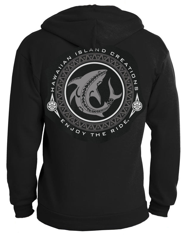 Back view of HIC ENJOY THE RIDE Shark Bite Zip Hoodie in black, showcasing the shark graphic design on the back.
