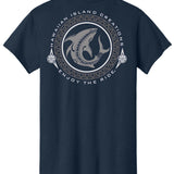 Navy Shark Bite T-Shirt by HIC ENJOY THE RIDE, showing the back view with a shark graphic design.