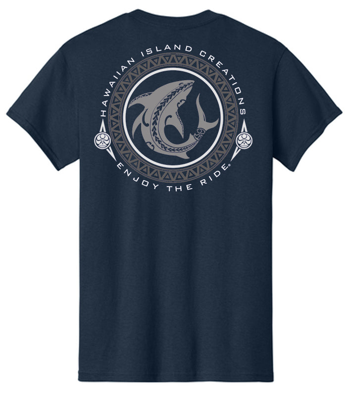 Navy Shark Bite T-Shirt by HIC ENJOY THE RIDE, showing the back view with a shark graphic design.