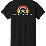 HIC ENJOY THE RIDE Sunset Logo T-Shirt in black, back view with sunset graphic logo