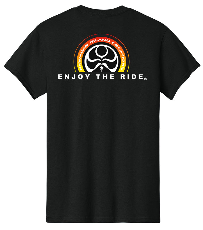 HIC ENJOY THE RIDE Sunset Logo T-Shirt in black, back view with sunset graphic logo