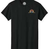 HIC ENJOY THE RIDE Sunset Logo T-Shirt in black, front view with sunset graphic.