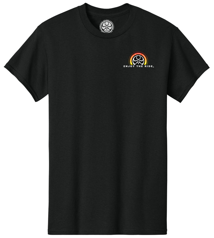 HIC ENJOY THE RIDE Sunset Logo T-Shirt in black, front view with sunset graphic.