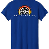 HIC ENJOY THE RIDE Sunset Logo T-Shirt with sunset graphic on royal blue back view