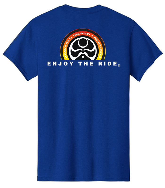 HIC ENJOY THE RIDE Sunset Logo T-Shirt with sunset graphic on royal blue back view