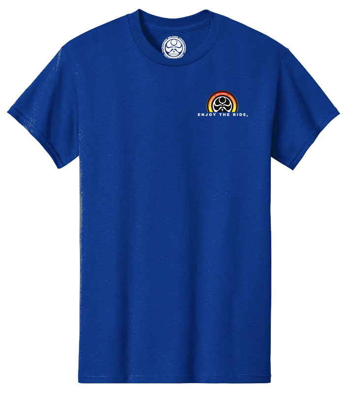 HIC ENJOY THE RIDE Sunset Logo T-Shirt in royal blue, front view with sunset graphic and logo