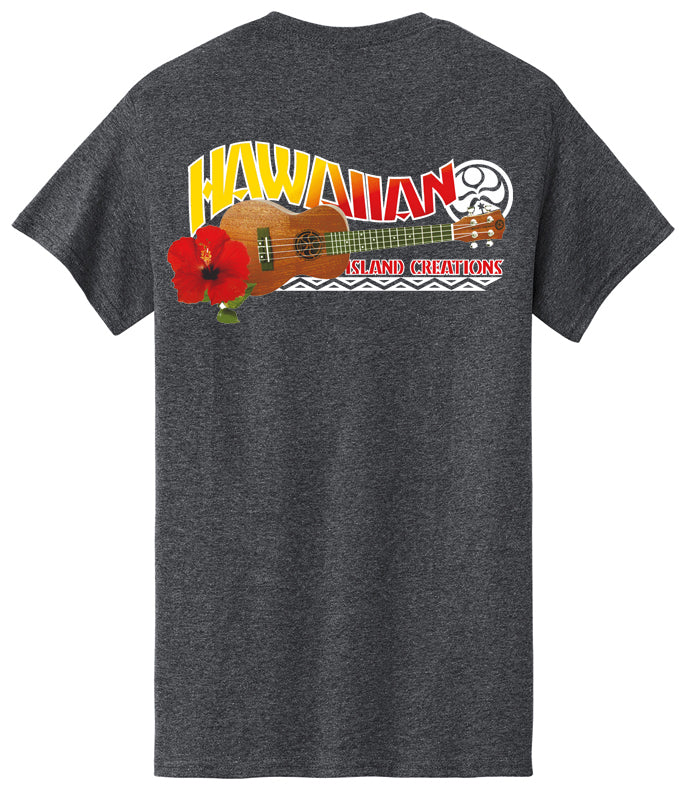 HIC Enjoy the Ride Da Uke T-shirt in heather gray, featuring a back graphic of a ukulele character