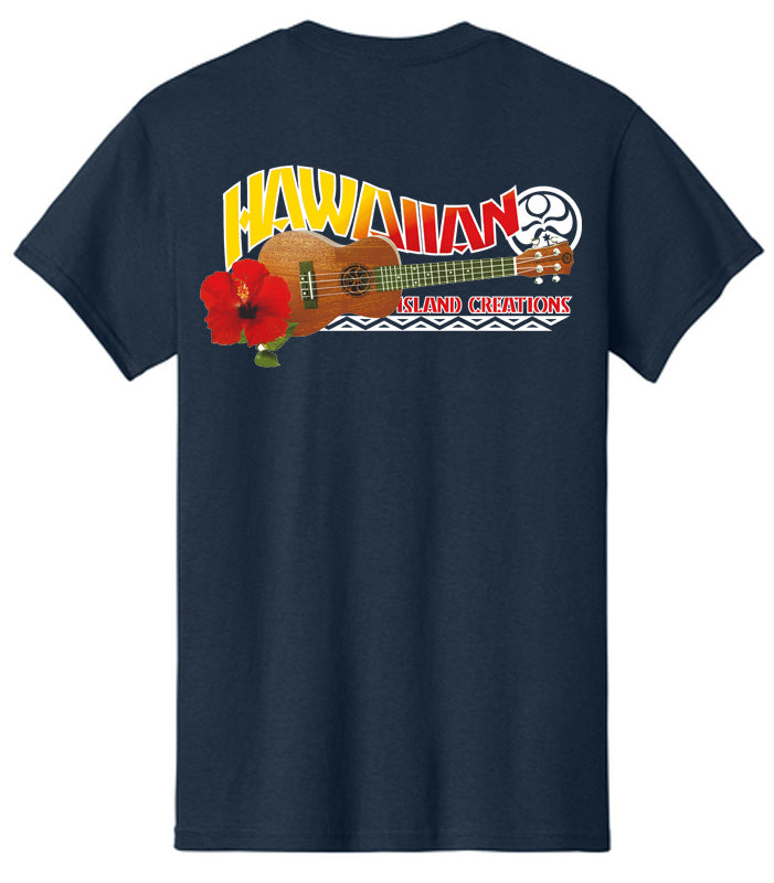 HIC ENJOY THE RIDE Da Uke T-shirt in navy, back view with ukulele graphic