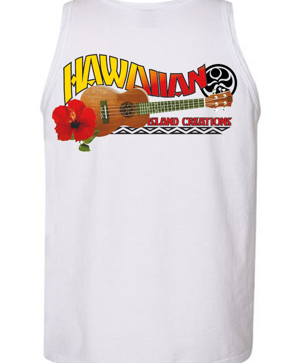 HIC ENJOY THE RIDE Da Uke Tank Top in white, back view with ukulele graphic