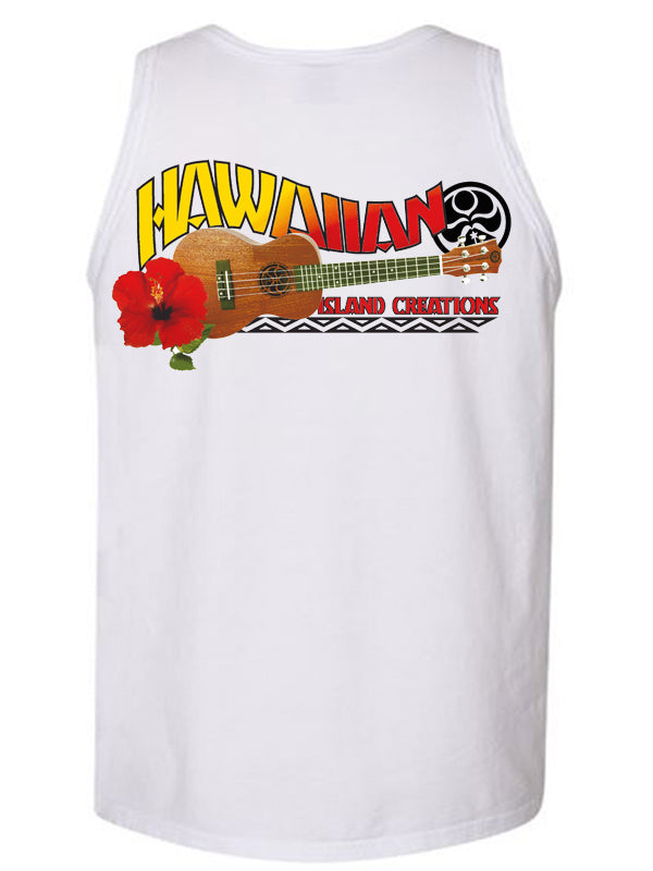 HIC ENJOY THE RIDE Da Uke Tank Top in white, back view with ukulele graphic